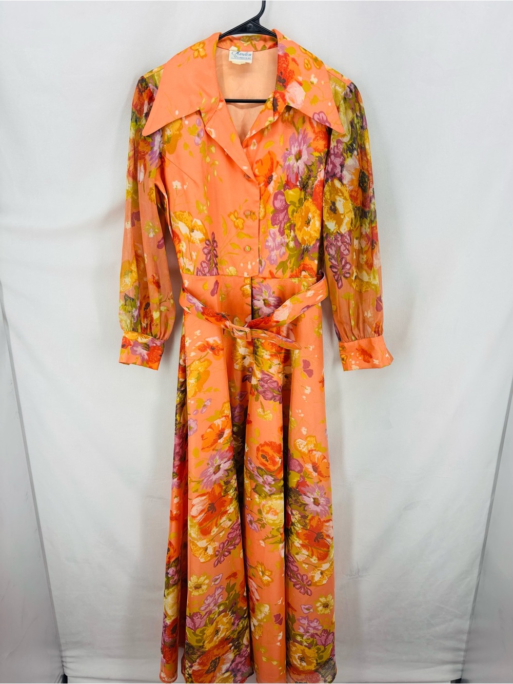 Vintage Avalon Floral Maxi Dress Women’s Medium 8 10 Belted Sheer Sleeve